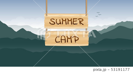 summer camp wooden sign at green mountain nature landscape summer camp wooden sign at green mountain nature landscape 53191177