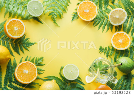 Border leaves of fern and tropical friuts, orange. 53192528