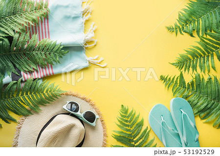 Female beach straw sunhat, sunglasses, flip flops. Female beach straw sunhat, sunglasses, flip flops. 53192529