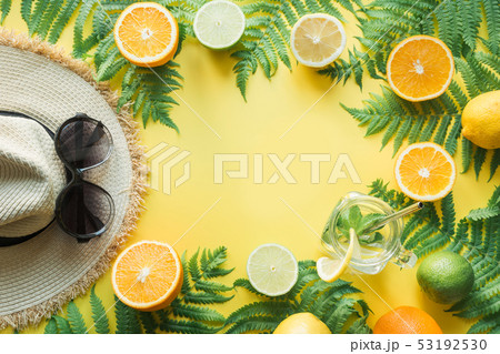 Female beach straw sunhat, sunglasses, citrics. 53192530