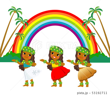 虹と椰子の木の前でフラダンスを踊る女の子三人組のイラスト素材