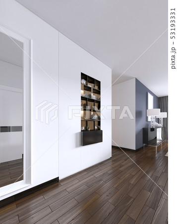 Built-in black shelves with decor against a white Built-in black shelves with decor against a white 53193331