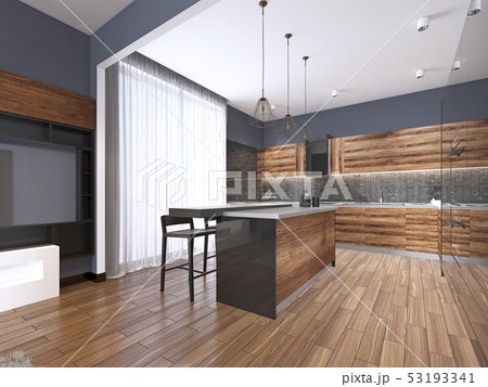 Modern kitchen with black furniture and wooden Modern kitchen with black furniture and wooden 53193341