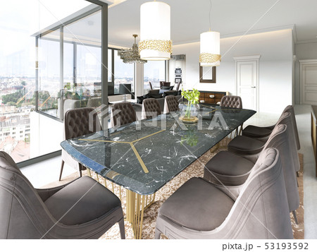 Modern dining room with hanging lamps on, there Modern dining room with hanging lamps on, there 53193592