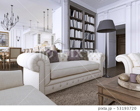 Luxury Sofa in classic living room with library. Luxury Sofa in classic living room with library. 53193720