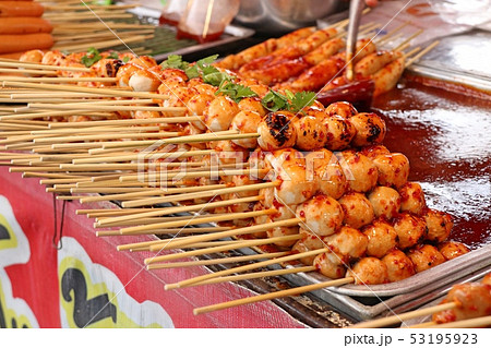 grilled meatballs and sausage at street food 53195923