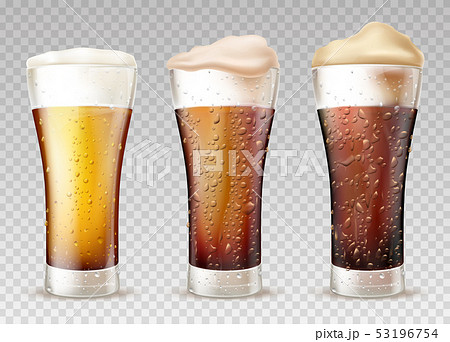 Cold beer or ale in wet glass realistic vector set 53196754