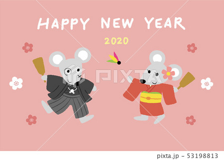2020年賀状（羽根つきするねずみ・横） 53198813