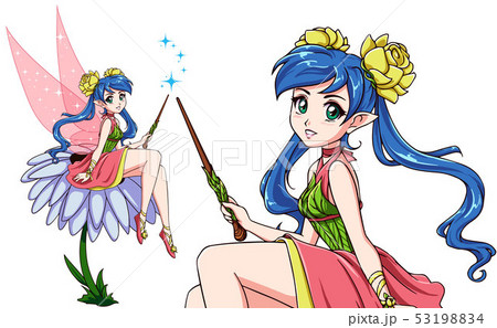 Cute fairy sitting on flower. Anime style. Girl 53198834