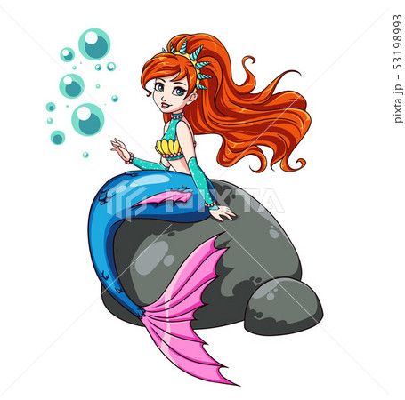 Cute Mermaid Sitting On Rock Crown With Shells のイラスト素材