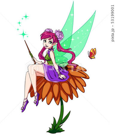 Cute cartoon fairy sitting on flower. Girl with 53199001