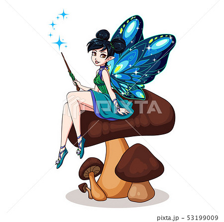 Cute cartoon fairy with butterfly wings sitting on 53199009
