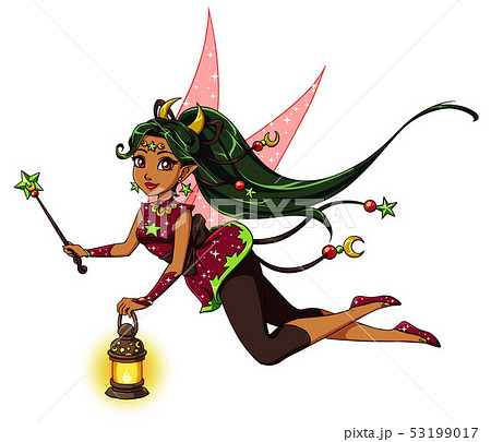 Pretty cartoon fairy holding lantern and magic 53199017