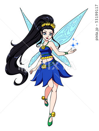 Cute cartoon fairy with black long hair and blue - Stock Illustration  [53199117] - PIXTA