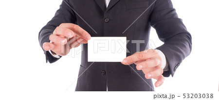 cropped shot of businessman in suit showing business card in hands 53203038