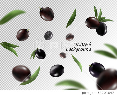 Isolated olives in the air. Falling black olive fruits isolated on transparent background. 3d vector Isolated olives in the air. Falling black olive fruits isolated on transparent background. 3d vector 53203647