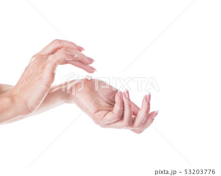Female hands and moisturizing cream on white background. Skin care concept. Female hands and moisturizing cream on white background. Skin care concept. 53203776