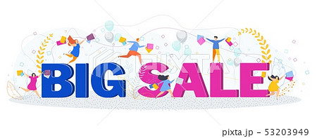 Big sale banner. Tiny people with shopping bag 53203949