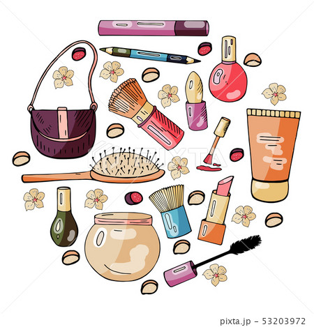Set of hand drawn doddle elements of women cosmetic bag 53203972