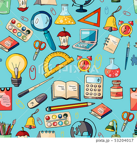 Seamless colorful hand drawn pattern with stationary on blue background Seamless colorful hand drawn pattern with stationary on blue background 53204017