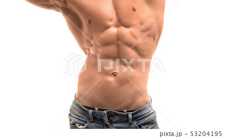 Male torso with perfect abs. Man in blue jeans isolated on white. 53204195