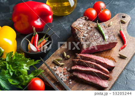 Fried beef steak on wooden board Fried beef steak on wooden board 53205244