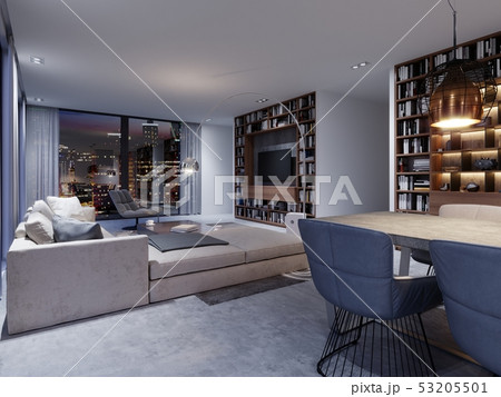Spacious living room with huge sofa in a luxury Spacious living room with huge sofa in a luxury 53205501