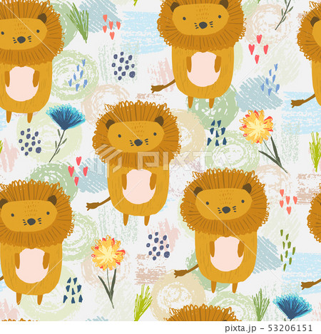 Cartoon pattern with cute lions, dots and flowers Cartoon pattern with cute lions, dots and flowers 53206151