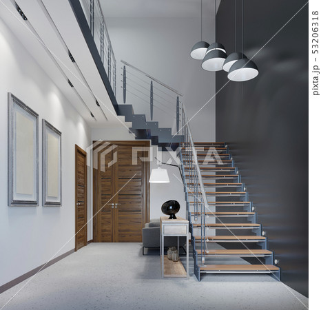 Staircase to the second floor in a modern Staircase to the second floor in a modern 53206318