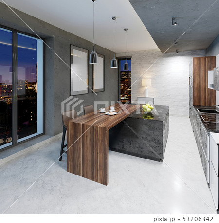 Bar counter with chairs in the kitchen in 53206342