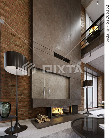 Large high concrete fireplace with built-in 53206362