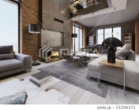Modern loft living room with high ceiling, sofa, 53206372