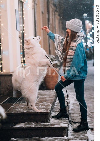 Photo of a young woman and a white dog who shows tricks on an street Photo of a young woman and a white dog who shows tricks on an street 53206570