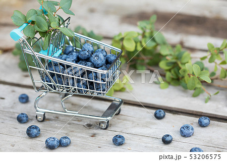 Fresh raw blueberries with leaves on wooden 53206575