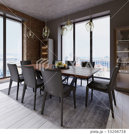 Cozy loft with dining table, chairs and storage Cozy loft with dining table, chairs and storage 53206758