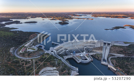 Aerial. View from the sky of the dam on the river Guadiana. 53207290