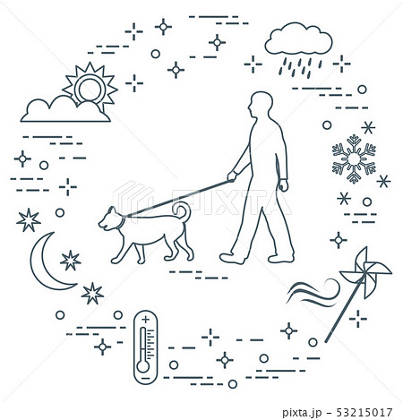 Man walking a dog on a leash in any weather Man walking a dog on a leash in any weather 53215017