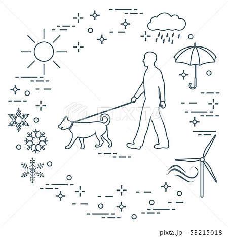 Man walking a dog on a leash in any weather 53215018