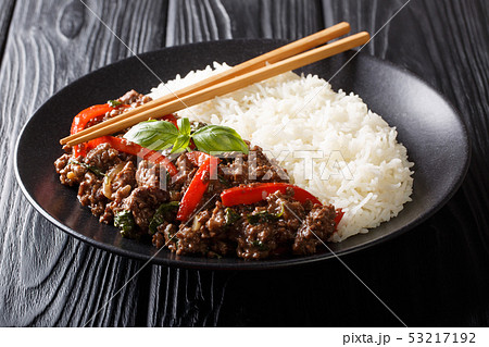Traditional Thai Basil Beef, or Pad Gra Prow over Traditional Thai Basil Beef, or Pad Gra Prow over 53217192