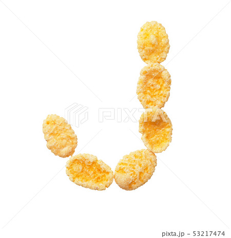 Yellow cornflakes letter J isolated on white background. Alphabet cereal flakes. 53217474