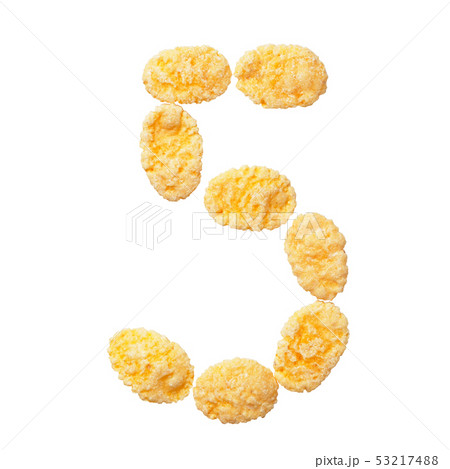Yellow cornflakes number five 5 isolated on white background. Yellow cornflakes number five 5 isolated on white background. 53217488