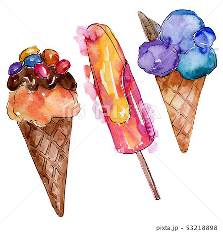 Tasty ice cream in a watercolor style. Aquarelle sweet dessert illustration set. Isolated desserts 53218898