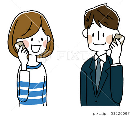 スマートフォンで会話する若い女性とスーツの若い男性 53220097