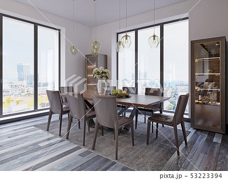 Panoramic windows in luxury dining room with Panoramic windows in luxury dining room with 53223394