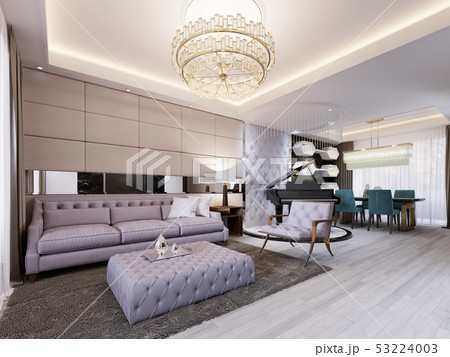 Modern classic living room with leather wall and 53224003
