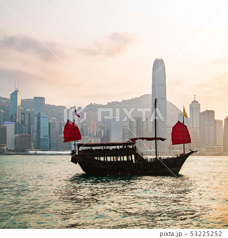 Hong Kong skyline with a traditional boat. Hong Kong skyline with a traditional boat. 53225252