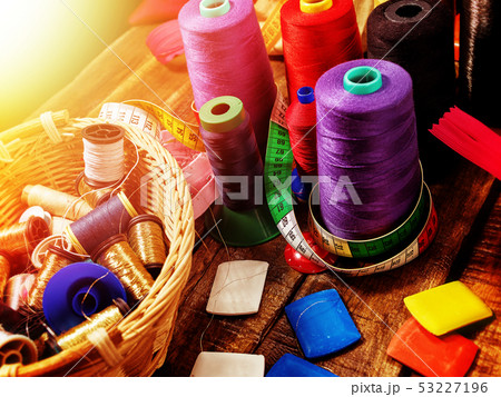 Sewing accessories fabric crayons, coil threads and measuring tape 53227196