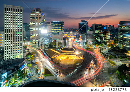 Namdaemun gate with Seoul business district at 53228778