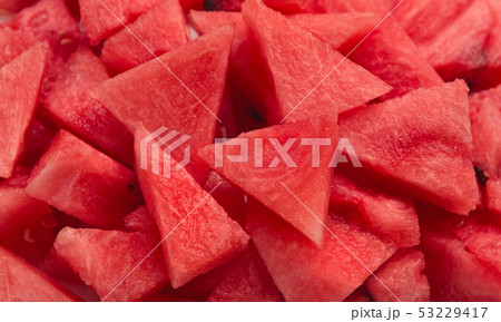 Red seedless watermelon pieces variety, summer food background 53229417