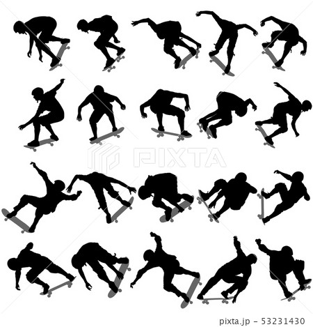 Set ilhouettes a skateboarder performs jumping 53231430